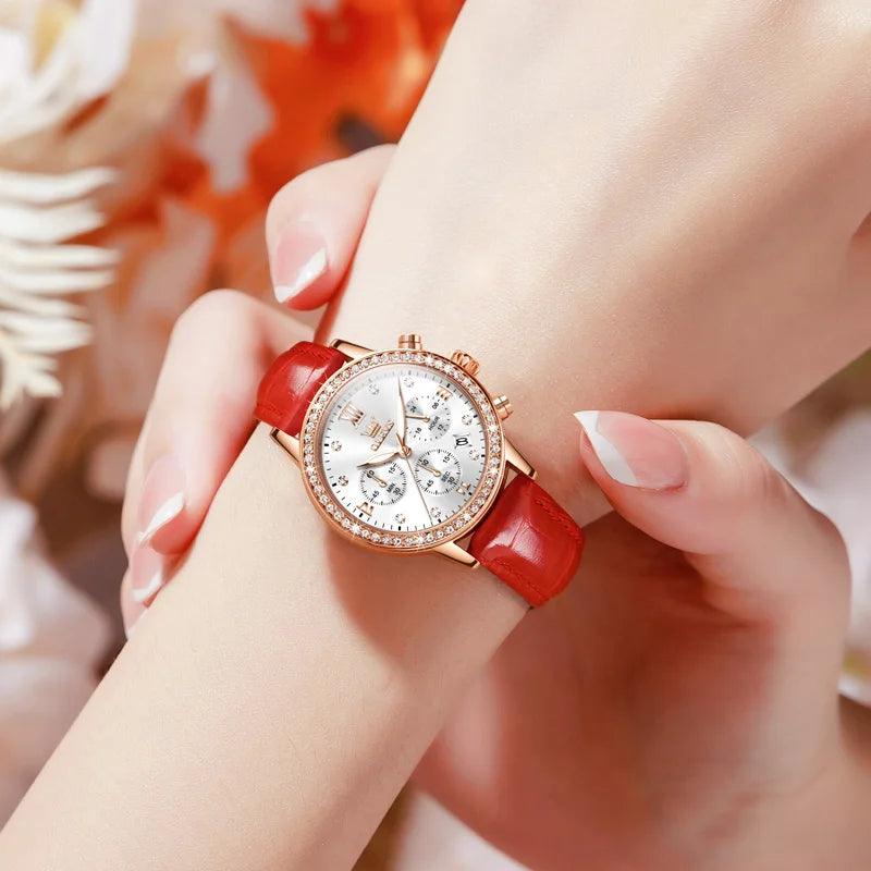 OLEVS Women's Diamond Quartz Wristwatch | Luxury Waterproof Leather Strap Multifunction Watch Carauana Store
