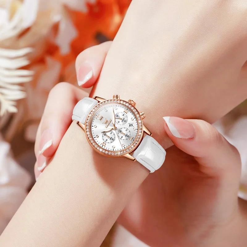 OLEVS Women's Diamond Quartz Wristwatch | Luxury Waterproof Leather Strap Multifunction Watch Carauana Store