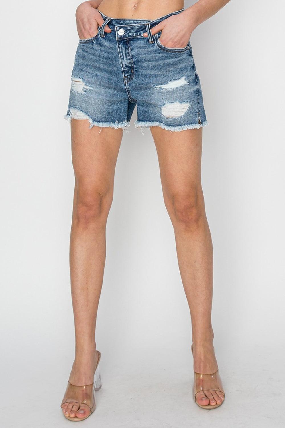 RISEN Stepped Waist Frayed Denim Shorts Carauana Store