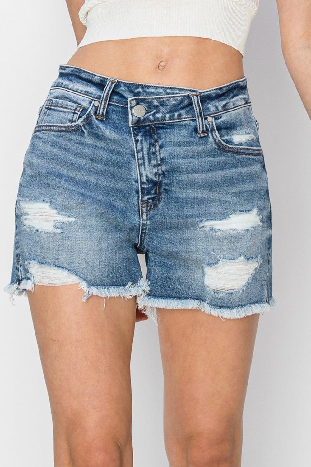 RISEN Stepped Waist Frayed Denim Shorts Carauana Store