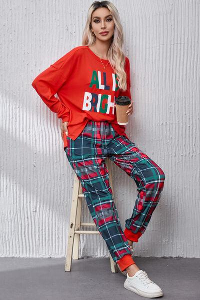 Round Neck Top and Plaid Pants Lounge Set Carauana Store