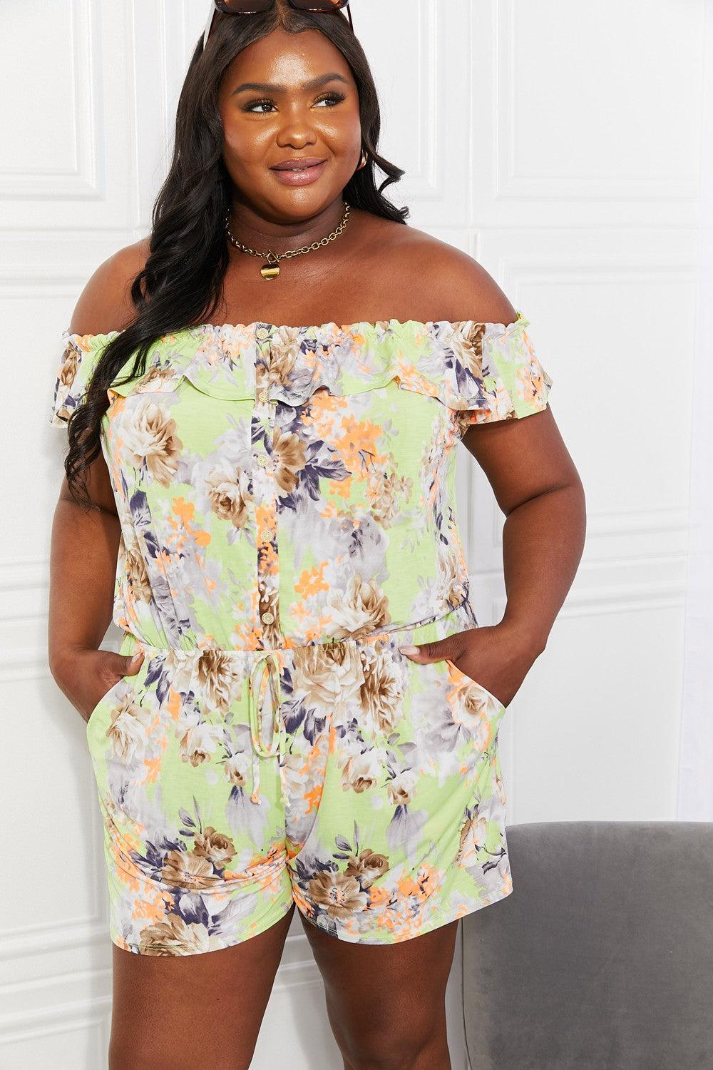 Sew In Love Full Size Pure Delight Floral Off-Shoulder Romper Carauana Store