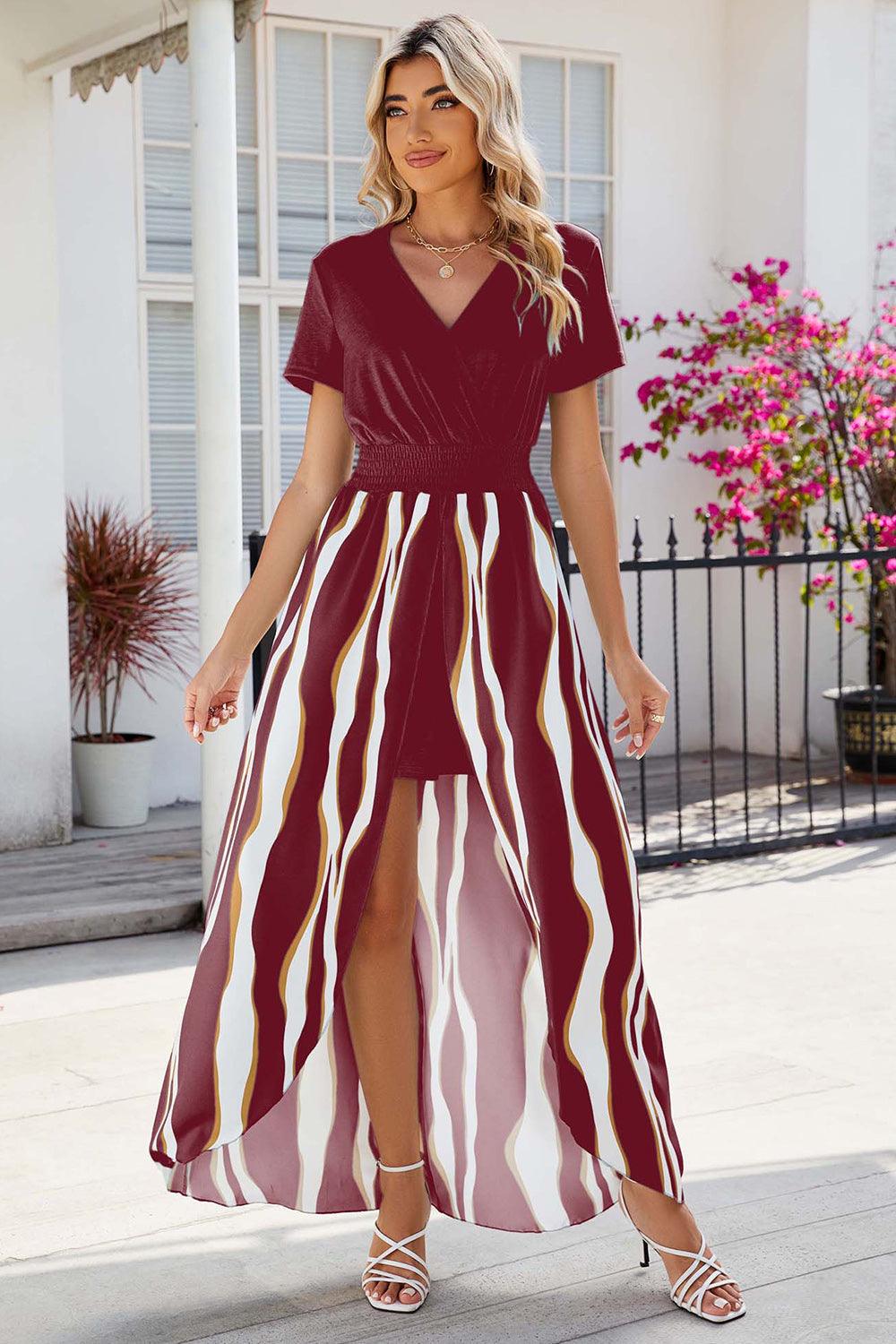 Smocked High-Low Printed Surplice Dress Carauana Store