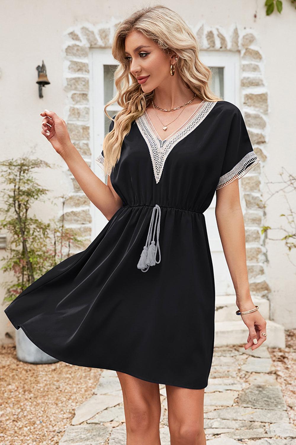 Tassel V-Neck Short Sleeve Dress Carauana Store