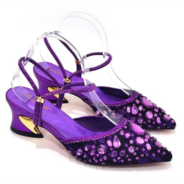 Venus Chan 2023 Fashion Rhinestone Heels Pointed-Toe Gold Colored Lace Tassel Design Elegant Luxury Shoes and Bag for Lady Party Carauana Store