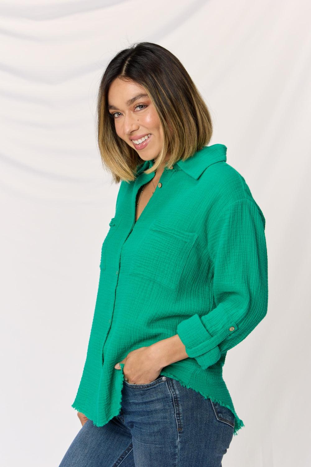 Zenana Texture Button Up Raw Hem Long Sleeve Shirt Carauana Store