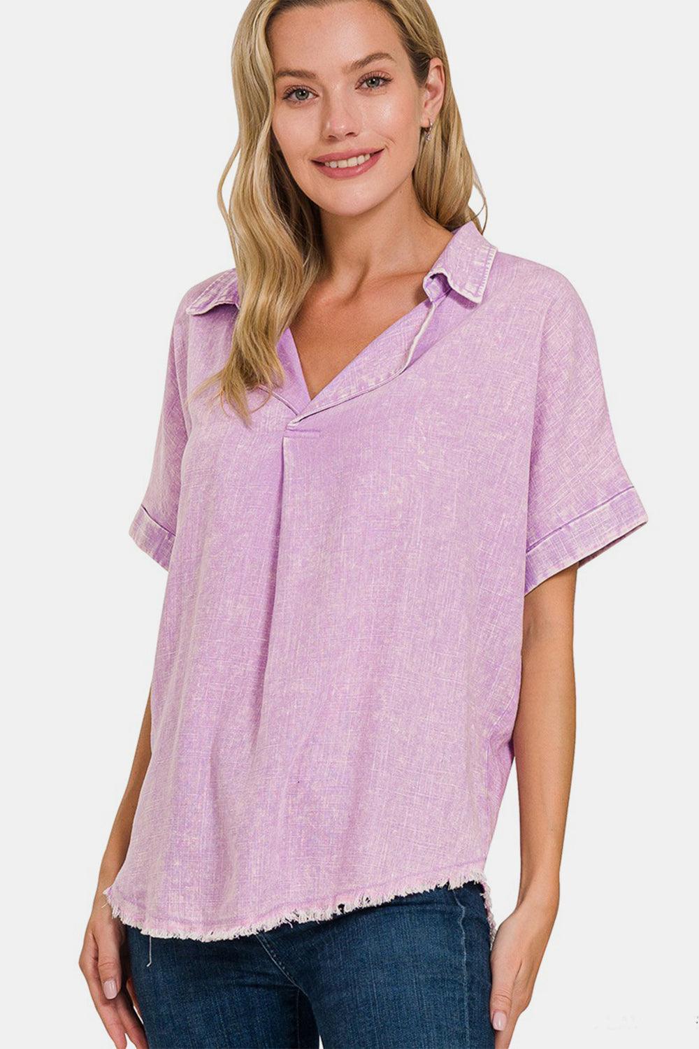 Zenana Washed Linen Raw Hem V-Neck Shirt Carauana Store