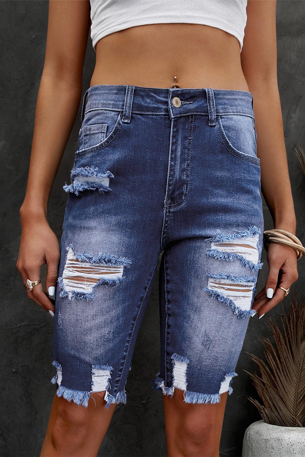 Distressed Frayed Hem Denim Bermuda Shorts Carauana Store