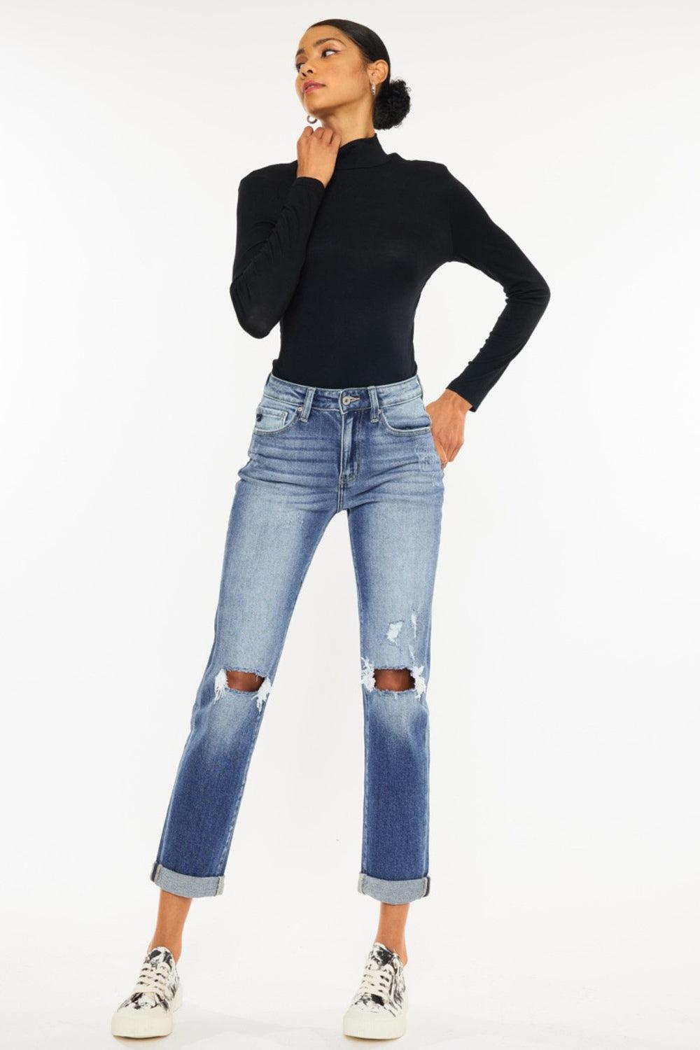 Kancan High Waist Distressed Hem Detail Cropped Straight Jeans Carauana Store