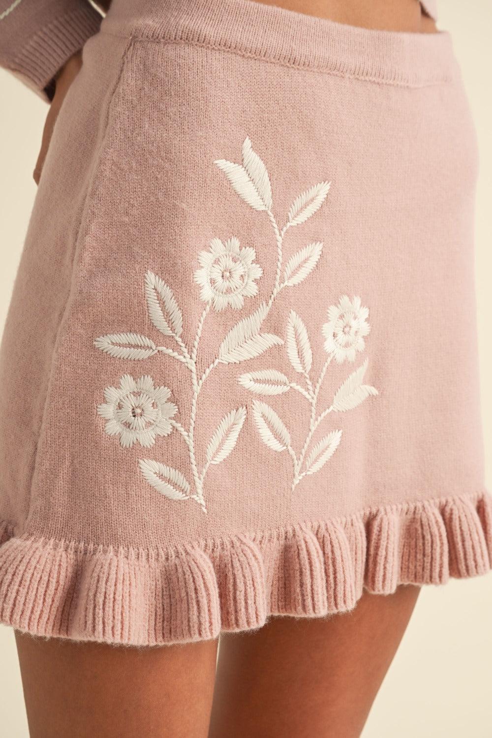 MABLE Floral Embroidered Crop Cardigan and Ruffled Mini Skirt Set Carauana Store