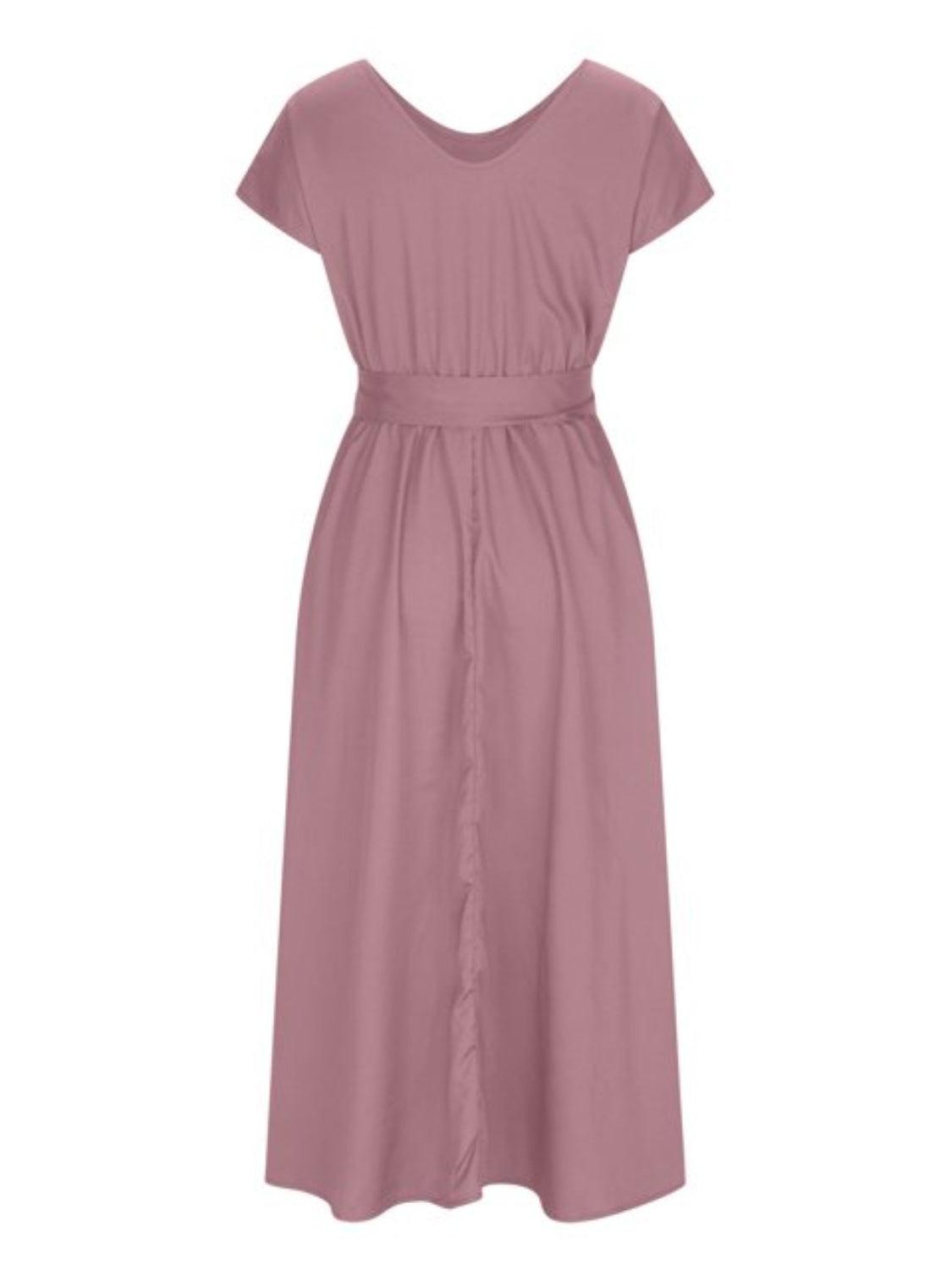 Ruched V-Neck Cap Sleeve Dress Carauana Store