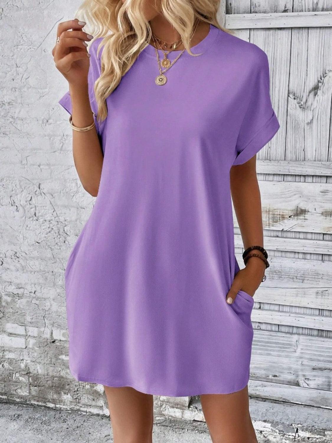 Pocketed Round Neck Short Sleeve Dress Carauana Store