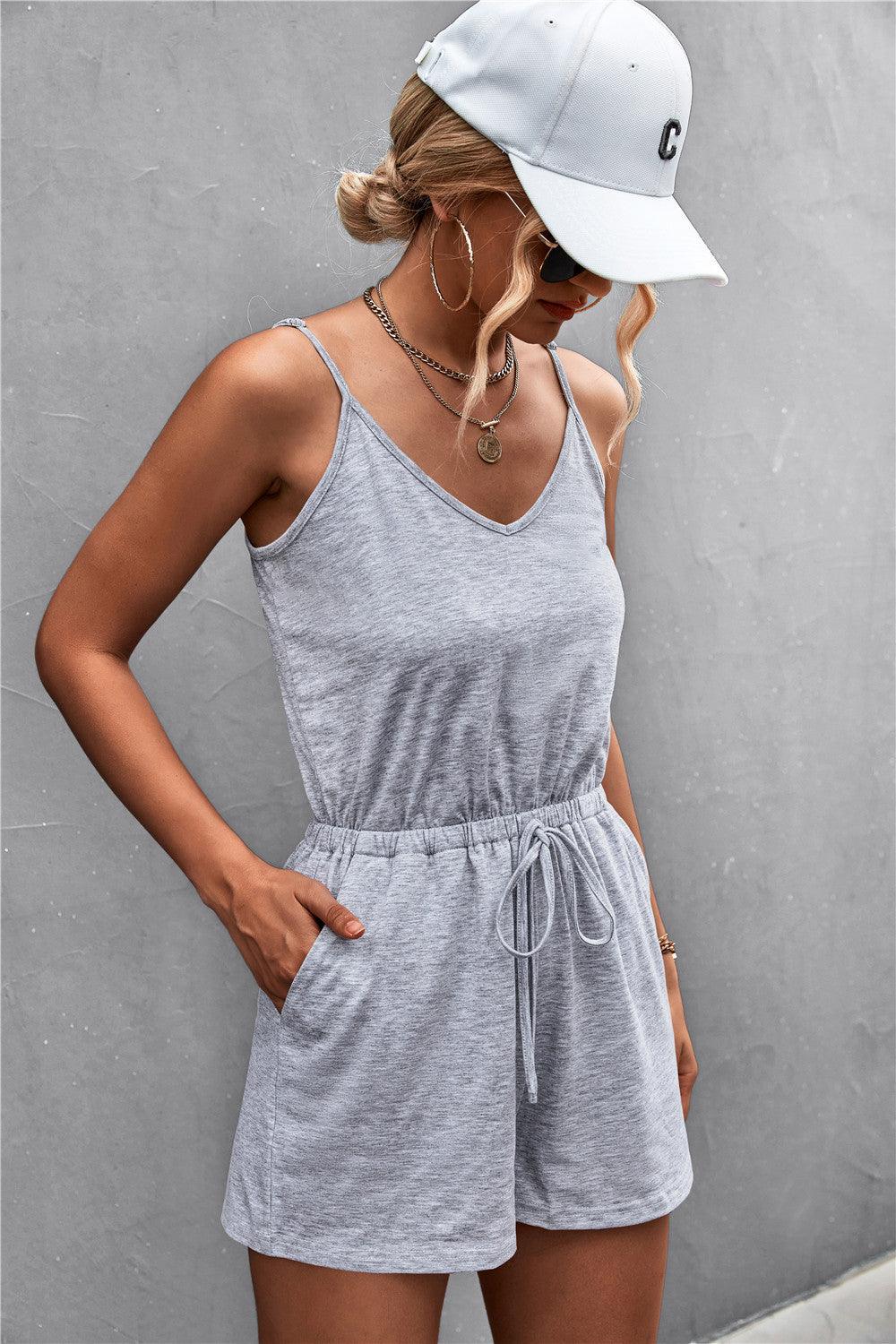 Spaghetti Strap V-Neck Pocket Romper Carauana Store