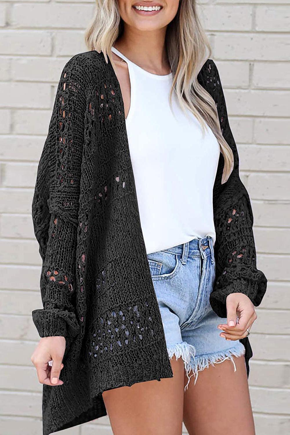 Openwork Open Front Long Sleeve Cardigan Carauana Store
