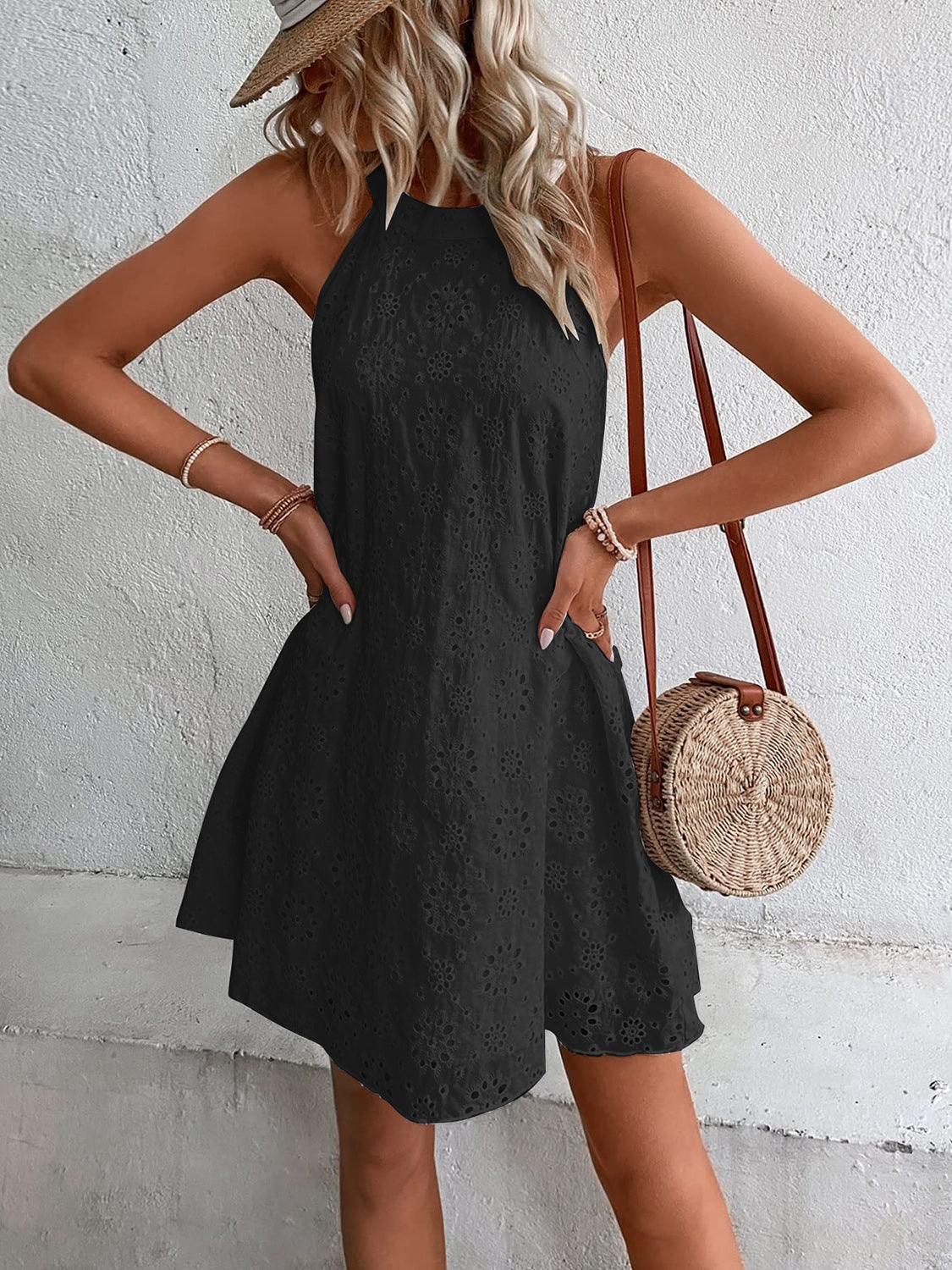 Eyelet Grecian Neck Mini Dress Carauana Store