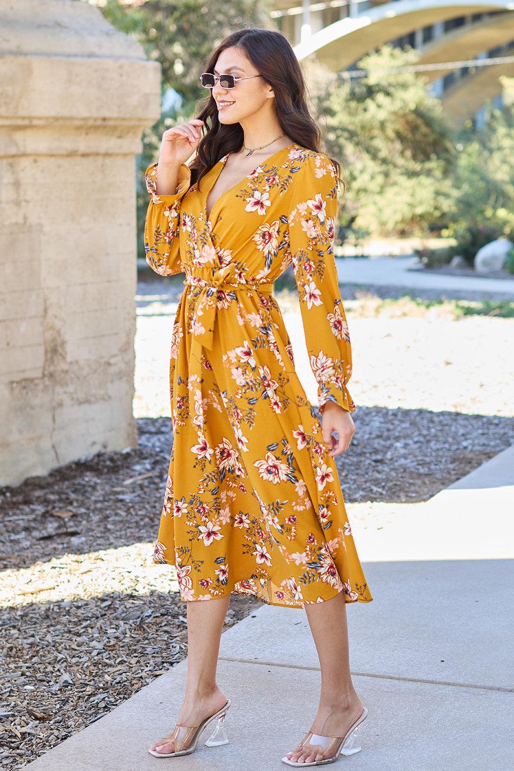 Double Take Full Size Floral Tie Back Flounce Sleeve Dress Carauana Store