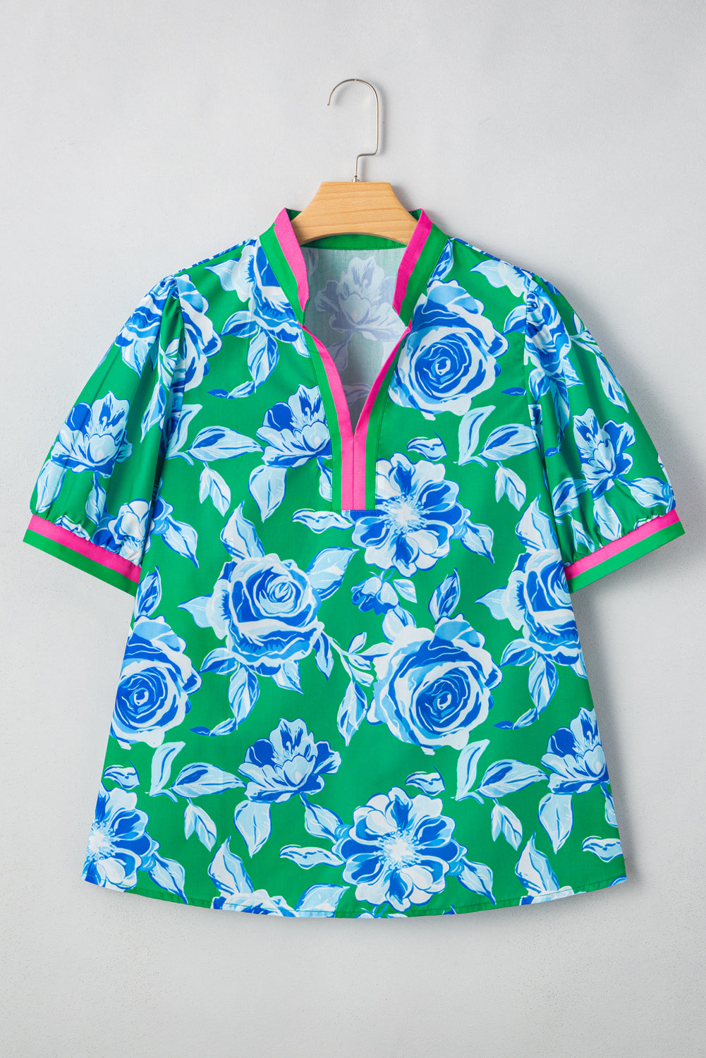 Green Floral Print Short Puff Sleeve Plus Size Top