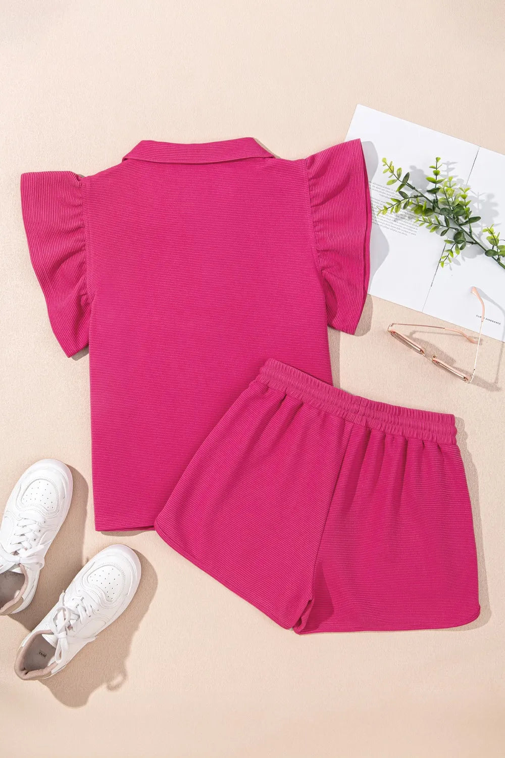 Striped Detail Flutter Sleeve Zipped Collar Top and Short Set Carauana Store