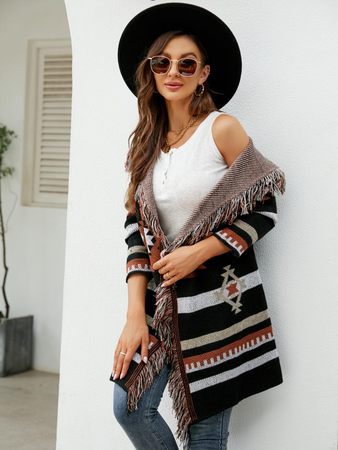 Fringe Geometric Hooded Long Sleeve Cardigan Carauana Store