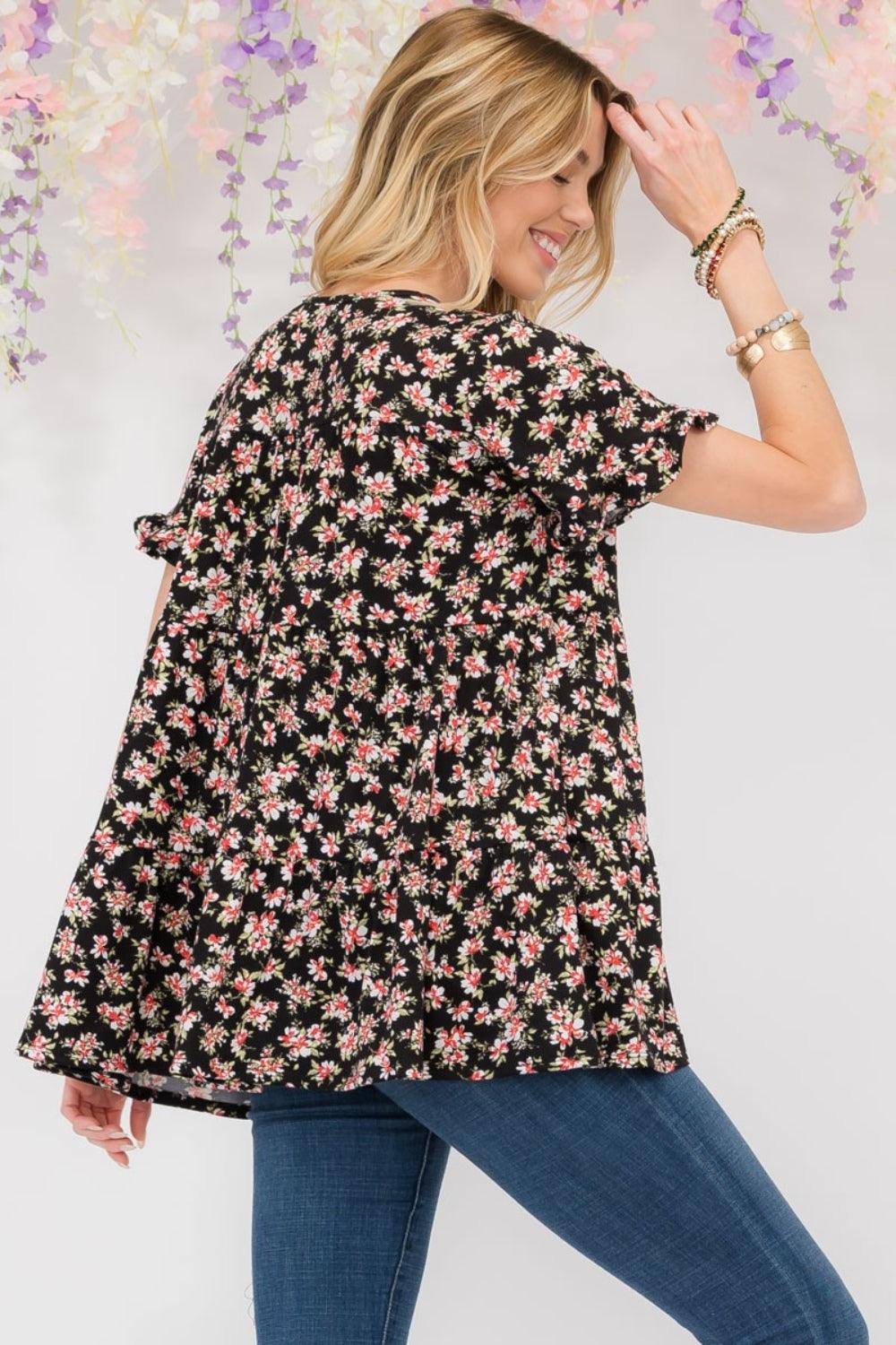 Celeste Full Size Floral Ruffled Short Sleeve Blouse Carauana Store