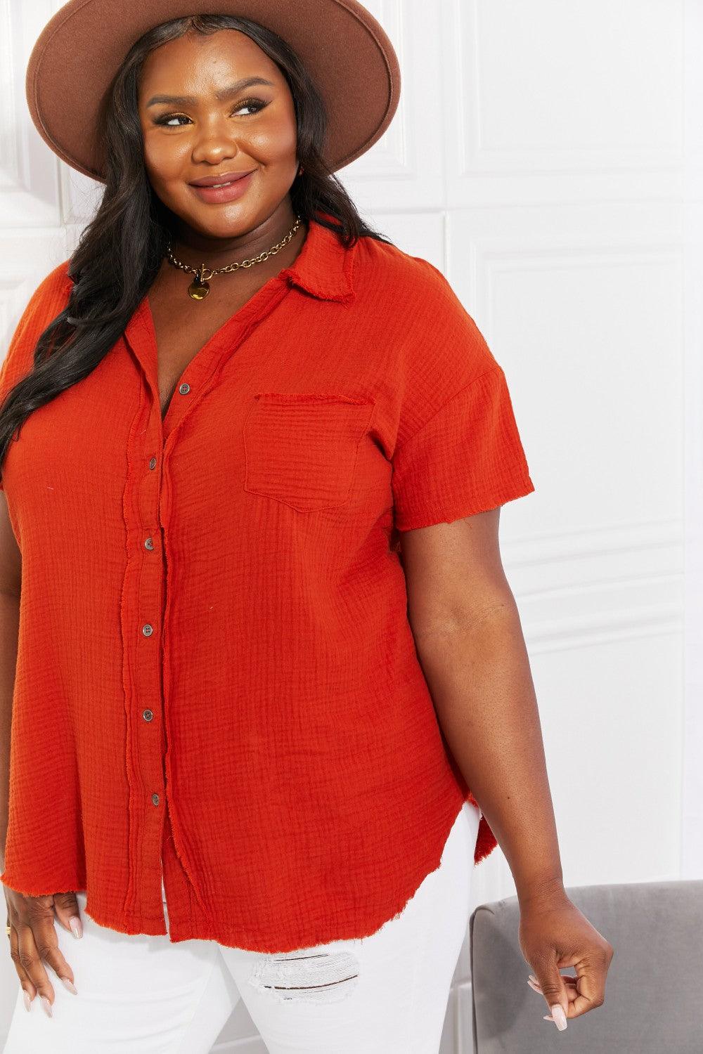 Zenana Full Size Summer Breeze Gauze Short Sleeve Shirt in Copper Carauana Store