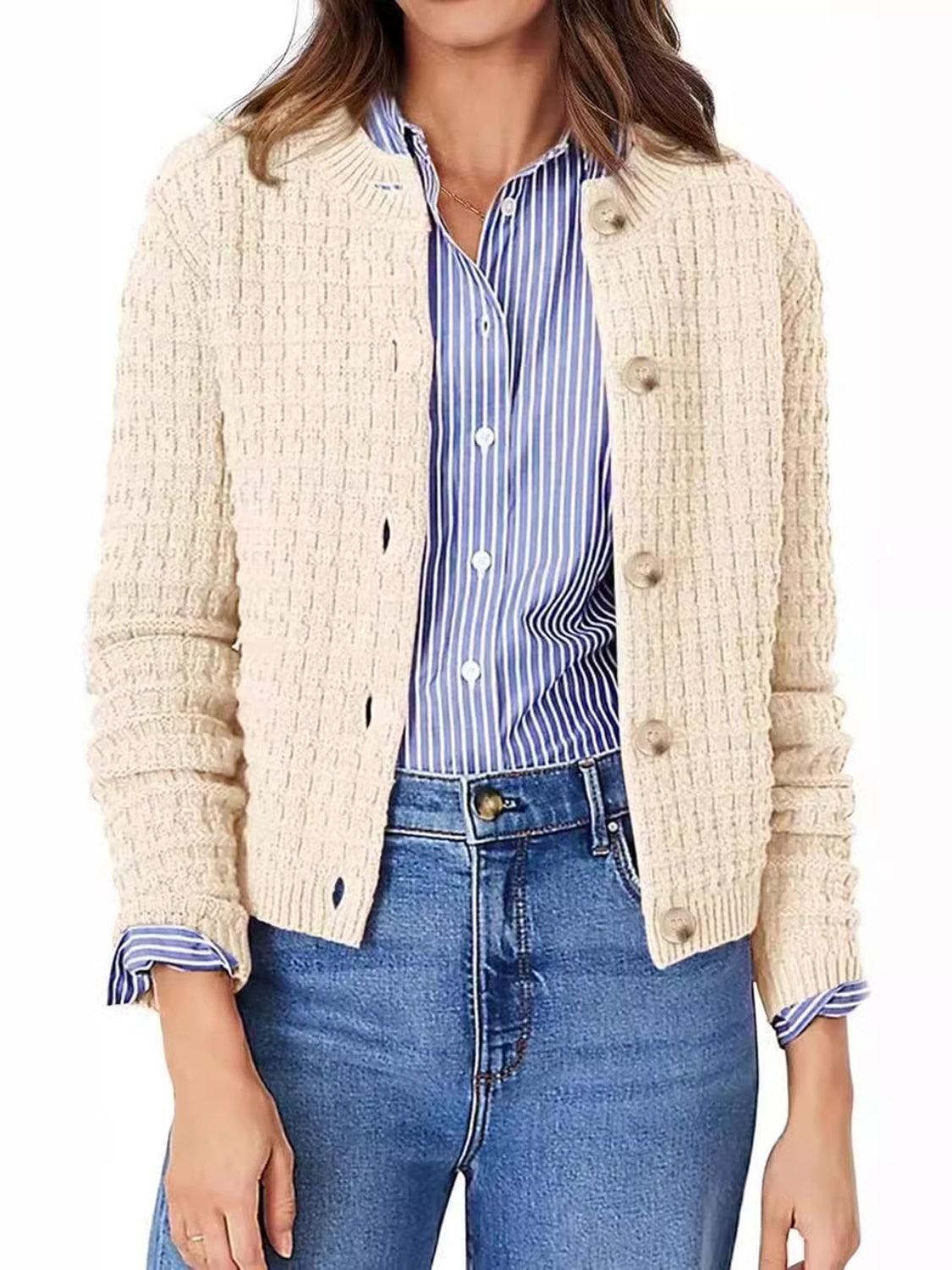 Button Up Round Neck Long Sleeve Cardigan Carauana Store