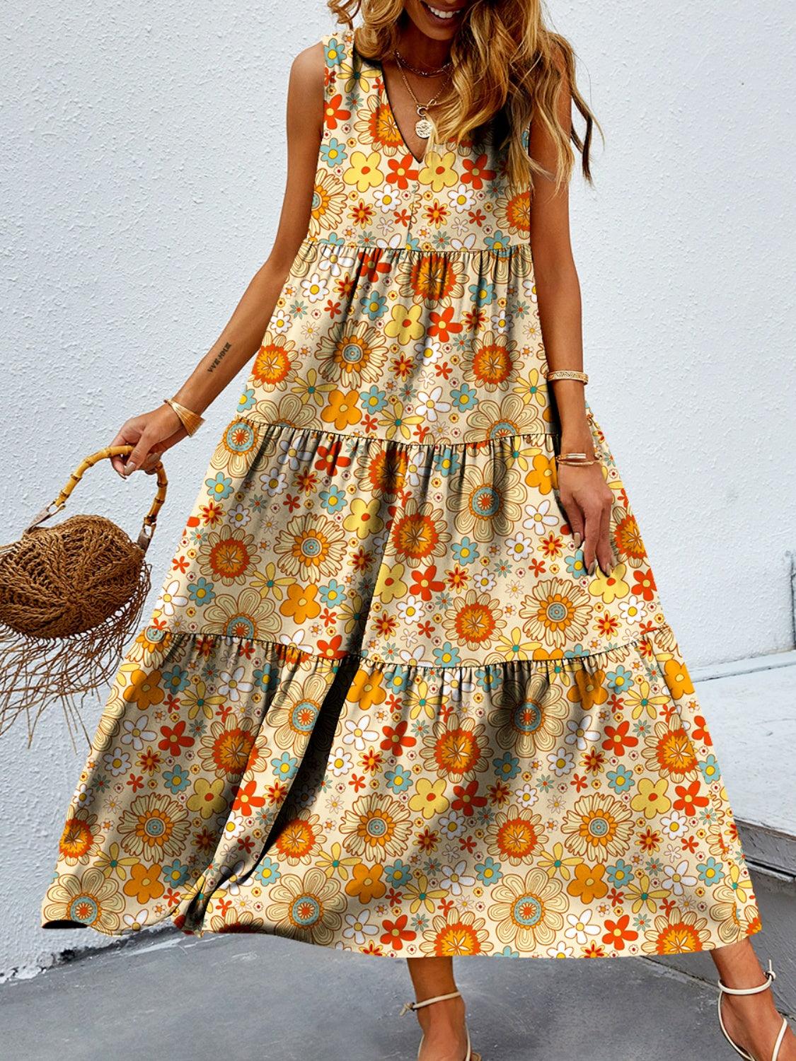 Tiered Printed V-Neck Sleeveless Dress Carauana Store