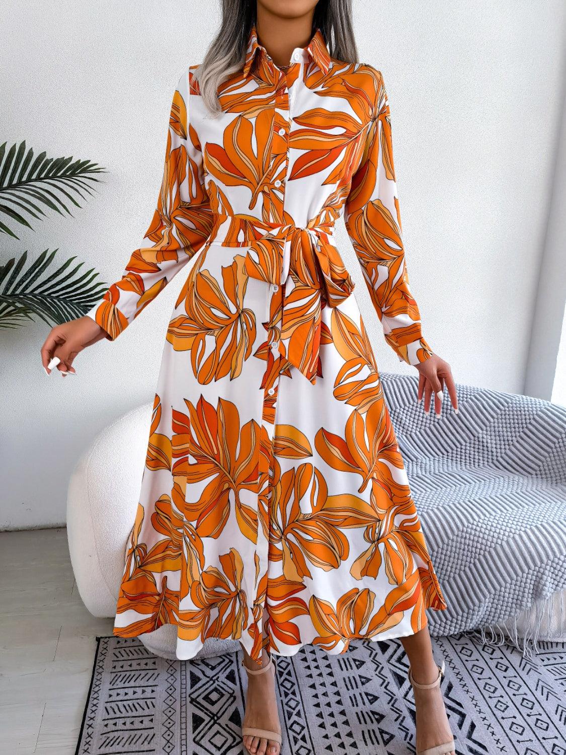 Tied Button Up Long Sleeve Dress Carauana Store