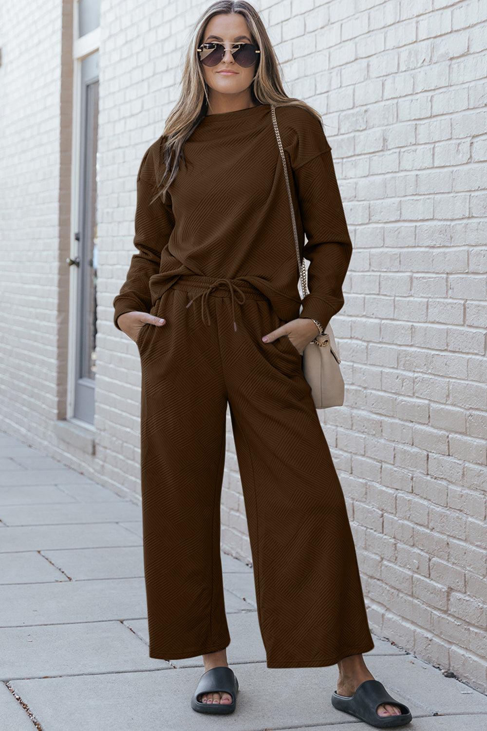 Double Take Full Size Textured Long Sleeve Top and Drawstring Pants Set Carauana Store