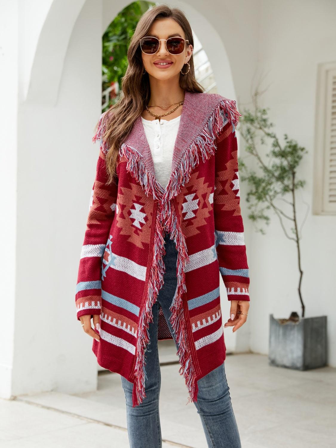 Fringe Geometric Hooded Long Sleeve Cardigan Carauana Store