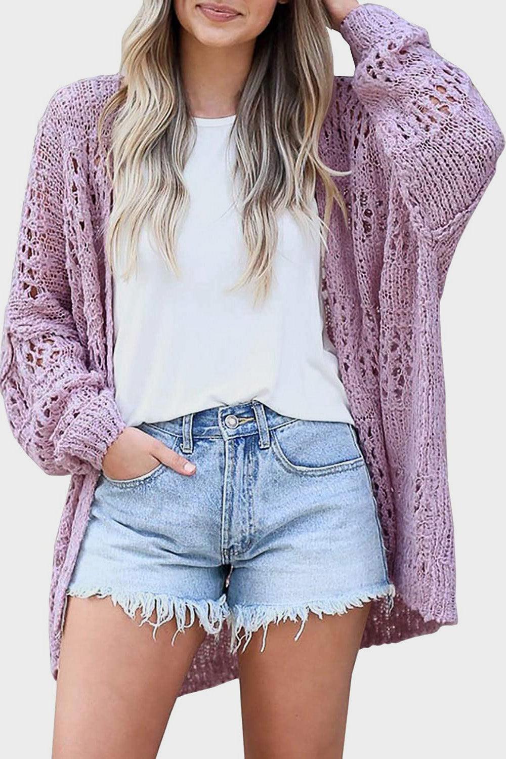 Openwork Open Front Long Sleeve Cardigan Carauana Store