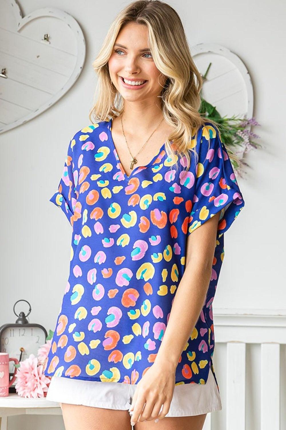 First Love Printed V-Neck Short Sleeve Blouse Carauana Store