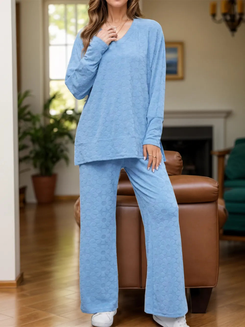 Flower V-Neck Long Sleeve Top and Pants Set Carauana Store