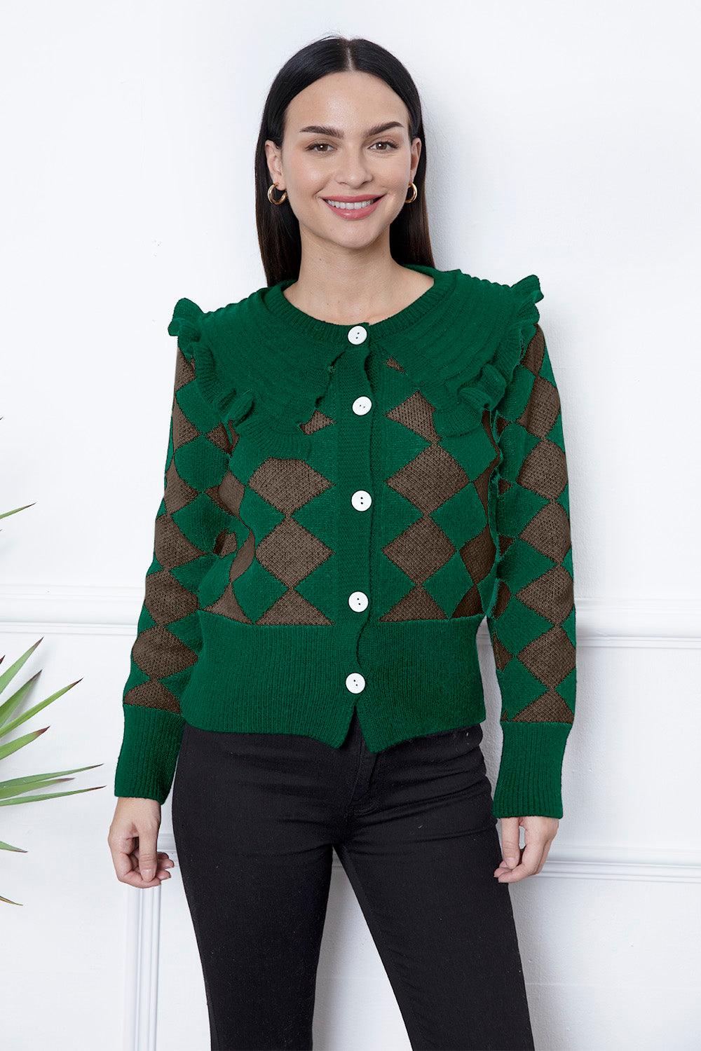 Argyle Element Button Up Ruffled Cardigan Carauana Store