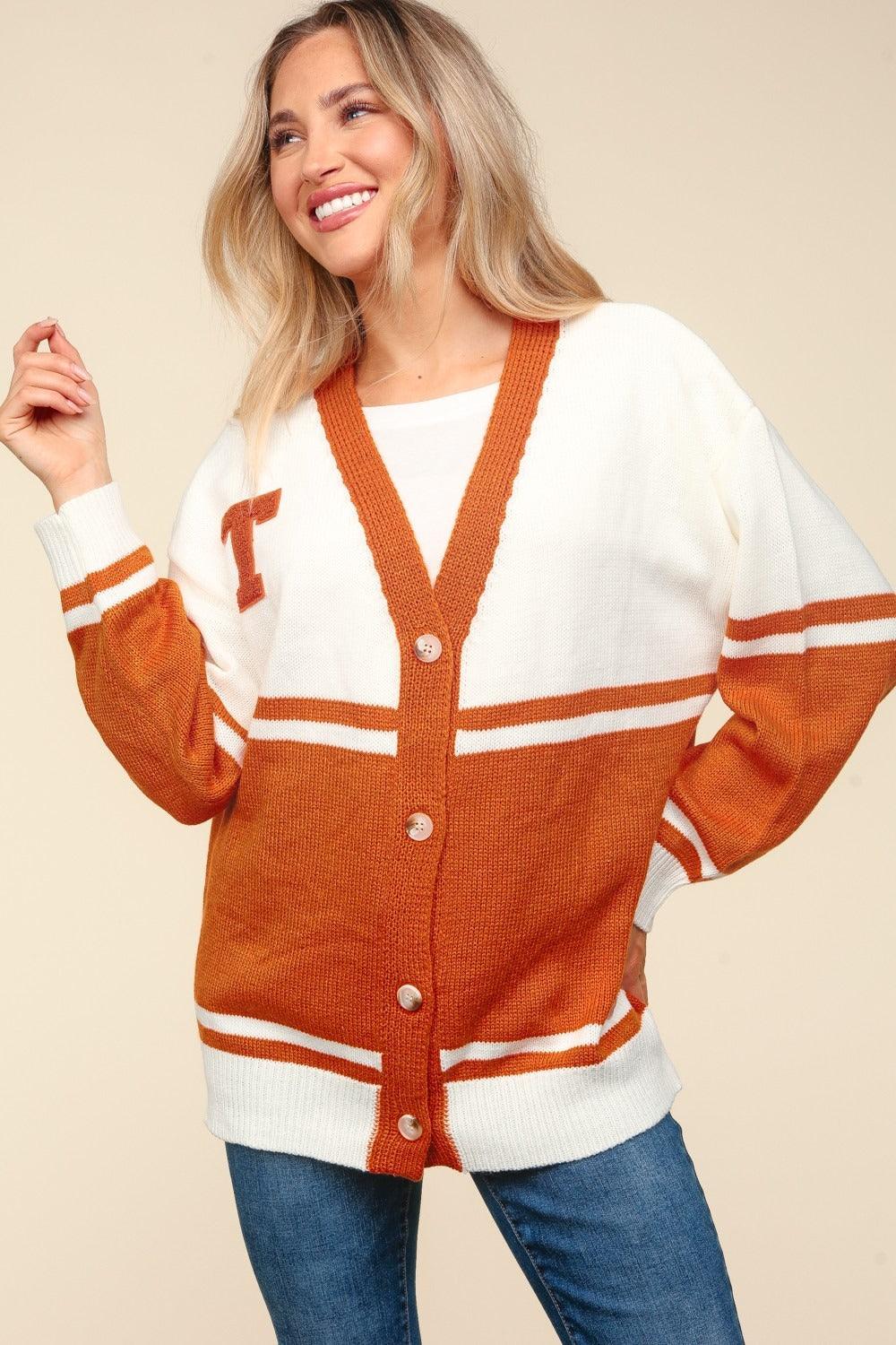 Haptics Full Size V Neck Button Down Letter Patch Cardigan Carauana Store