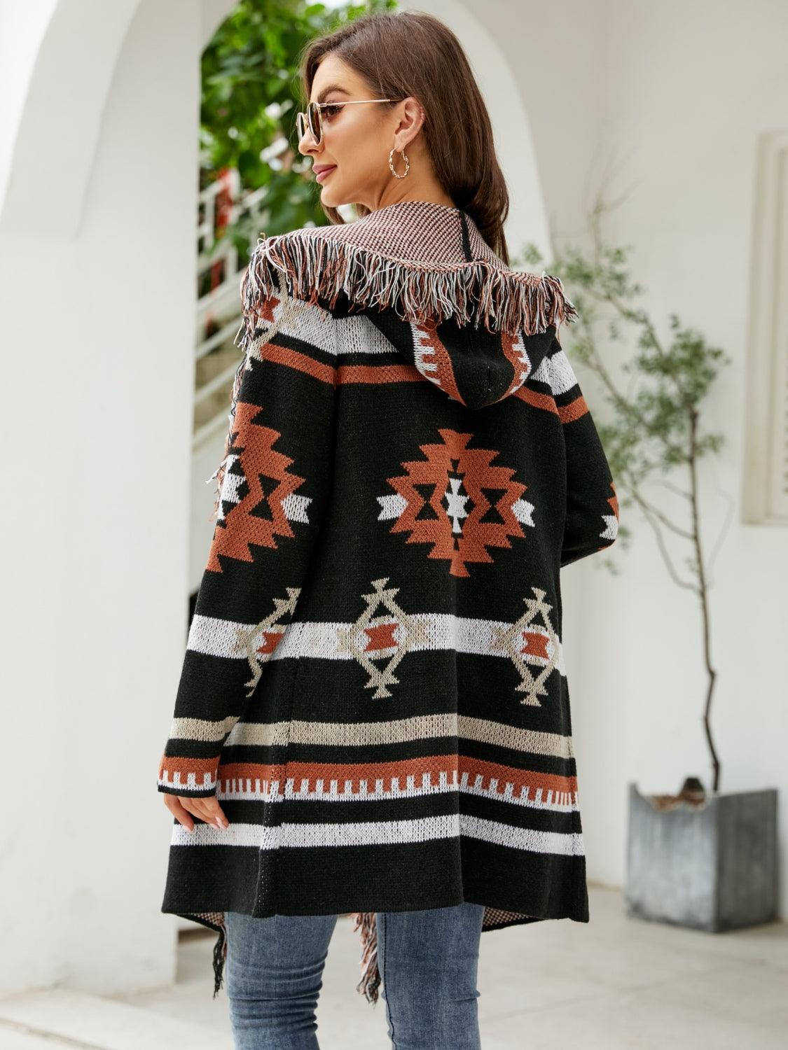 Fringe Geometric Hooded Long Sleeve Cardigan Carauana Store