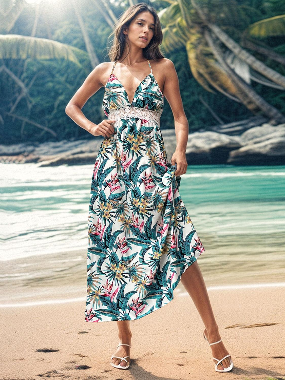 Lace Detail Printed Halter Neck Midi Cami Dress Carauana Store