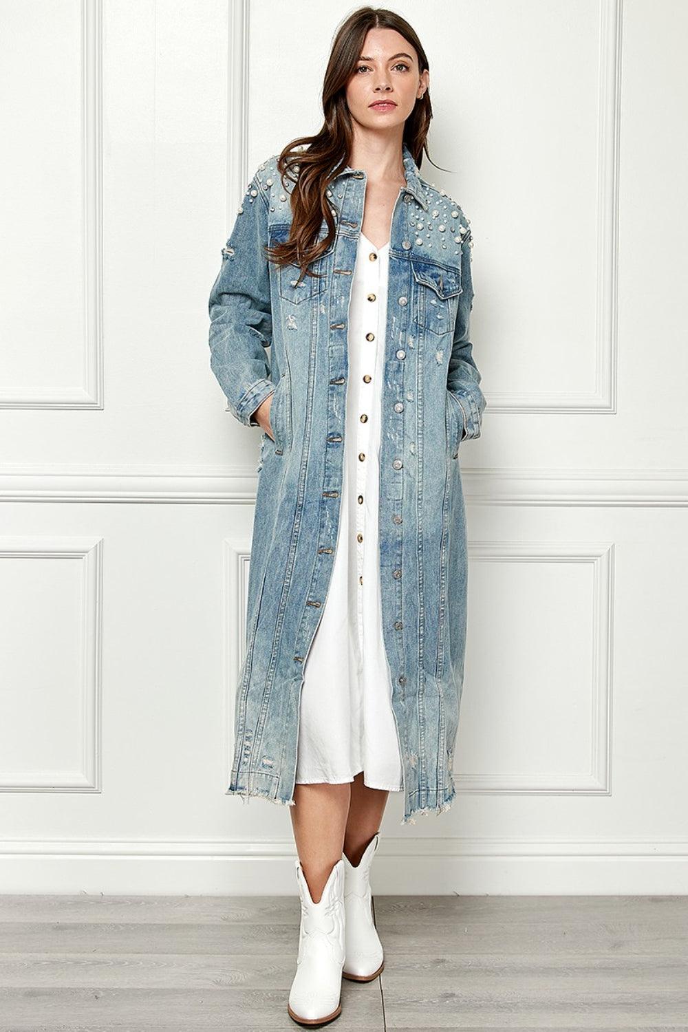 Veveret Full Size Distressed Raw Hem Pearl Detail Button Up Jacket Carauana Store