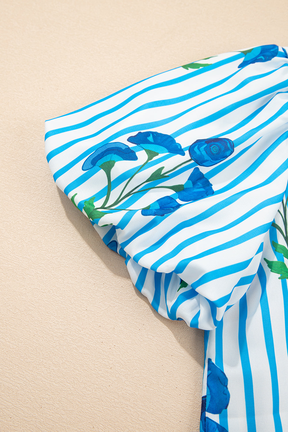 Sky Blue Stripe Floral Buttoned Frilly Notched Neck Puff Sleeve Summer Blouse