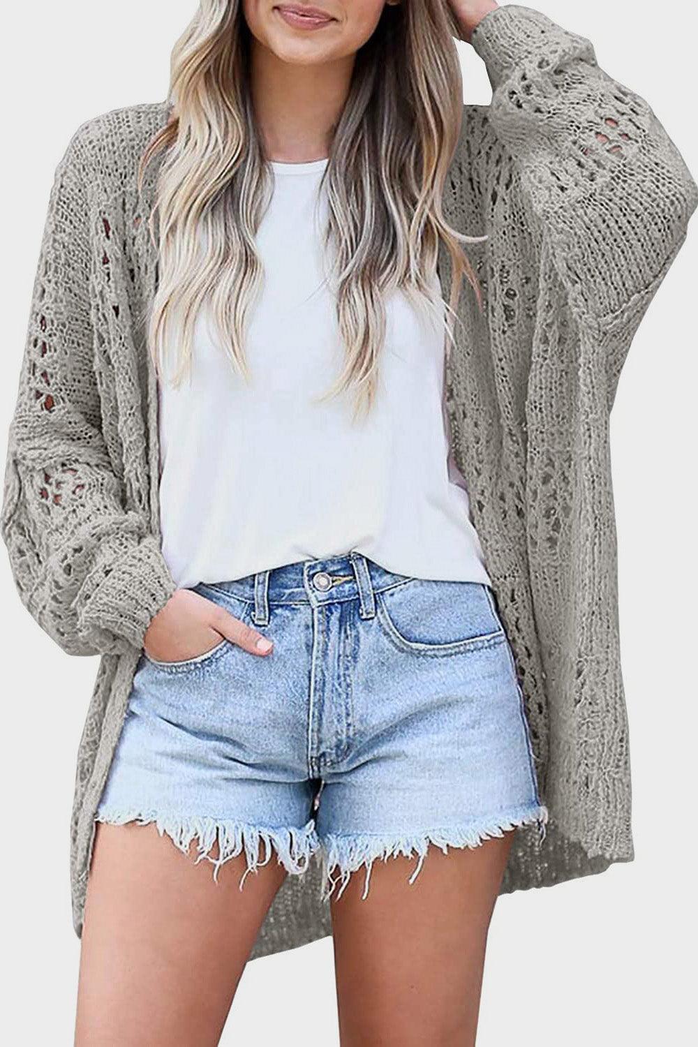 Openwork Open Front Long Sleeve Cardigan Carauana Store