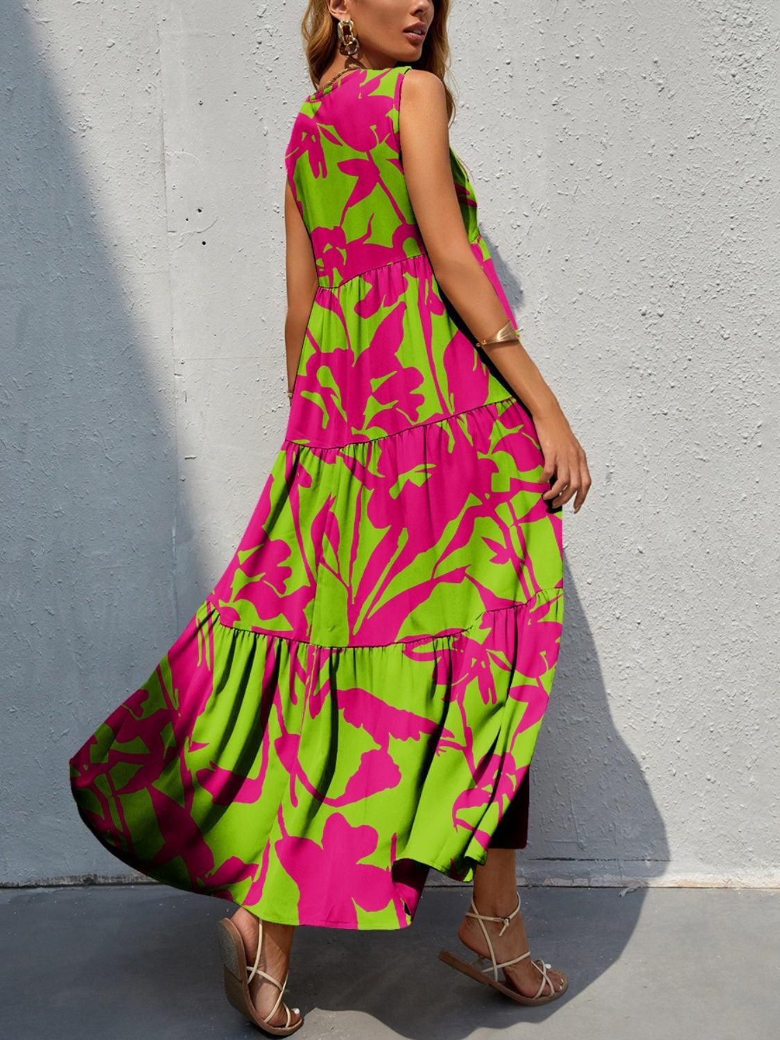 Tiered Printed V-Neck Sleeveless Dress Carauana Store