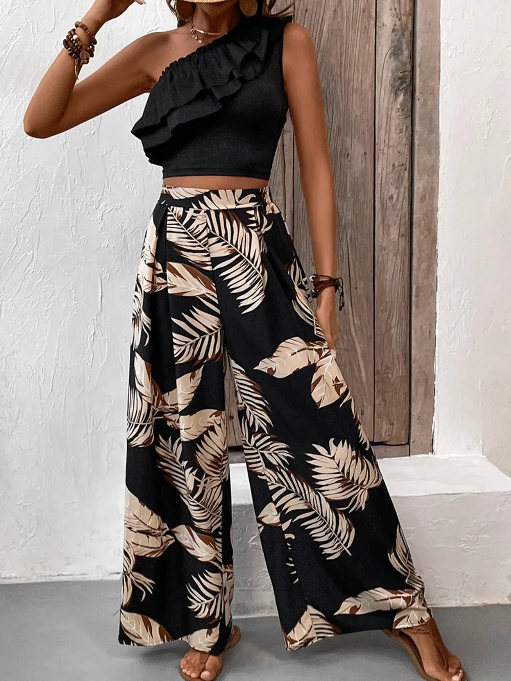 Honey Ruffled Sleeveless Top and Printed Pants Set Carauana Store