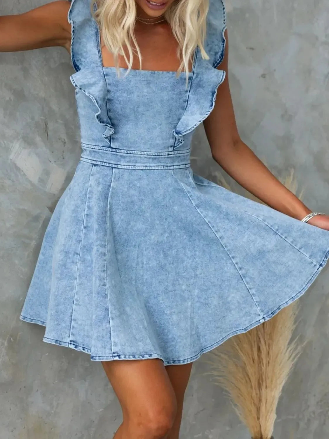 Ruffled Square Neck Denim Mini Dress Carauana Store