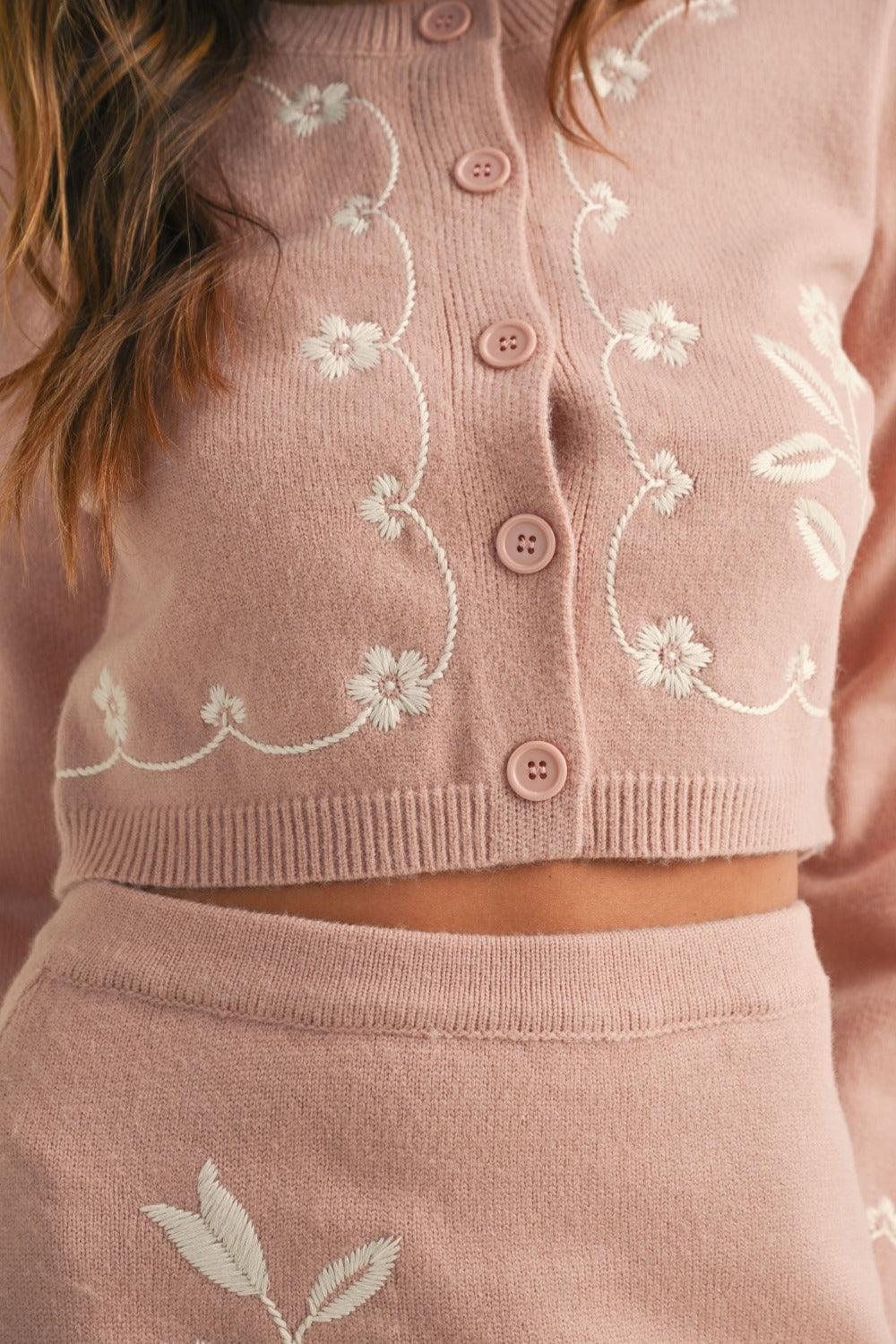 MABLE Floral Embroidered Crop Cardigan and Ruffled Mini Skirt Set Carauana Store
