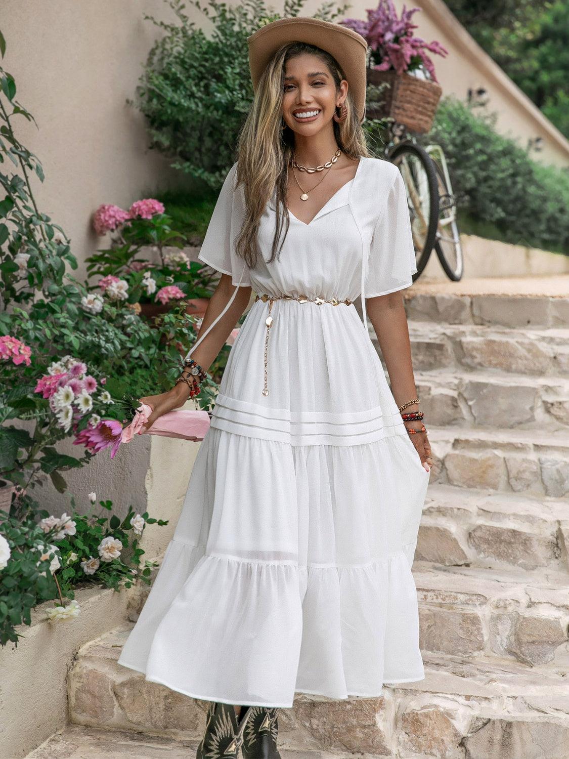 Tie Neck Short Sleeve Ruffle Hem Dress Carauana Store