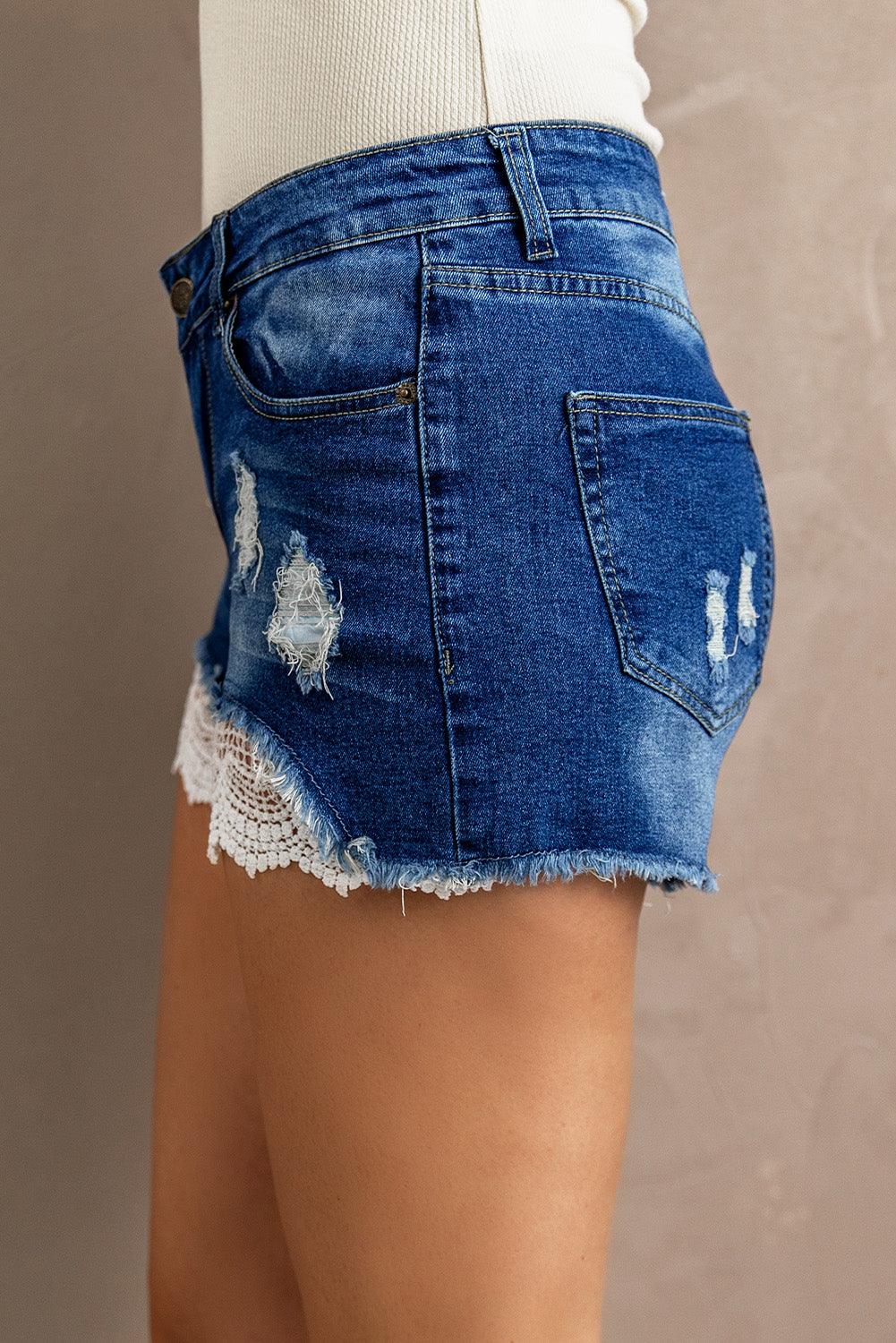 Spliced Lace Distressed Denim Shorts Carauana Store