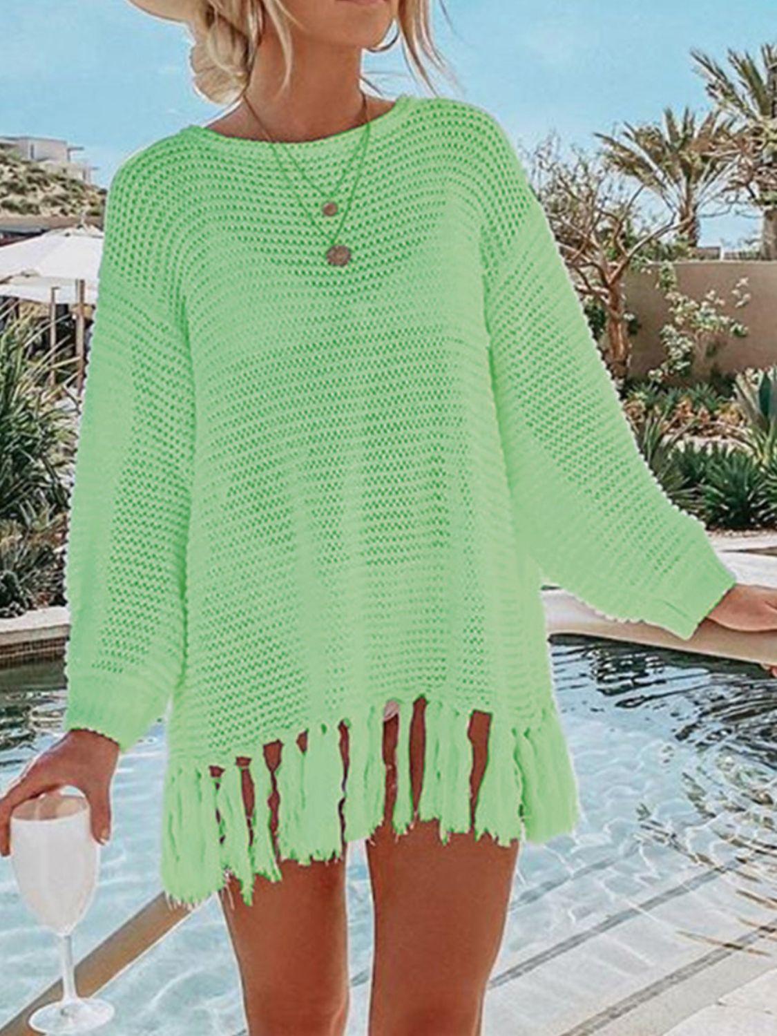 Double Take Openwork Tassel Hem Long Sleeve Knit Cover Up Carauana Store