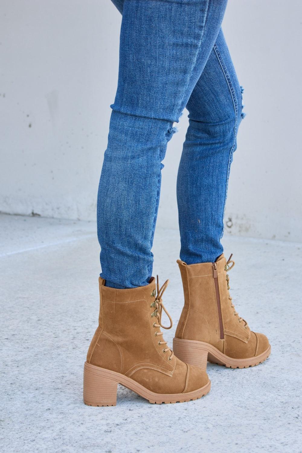 Forever Link Lace-Up Zipper Detail Block Heel Boots Carauana Store