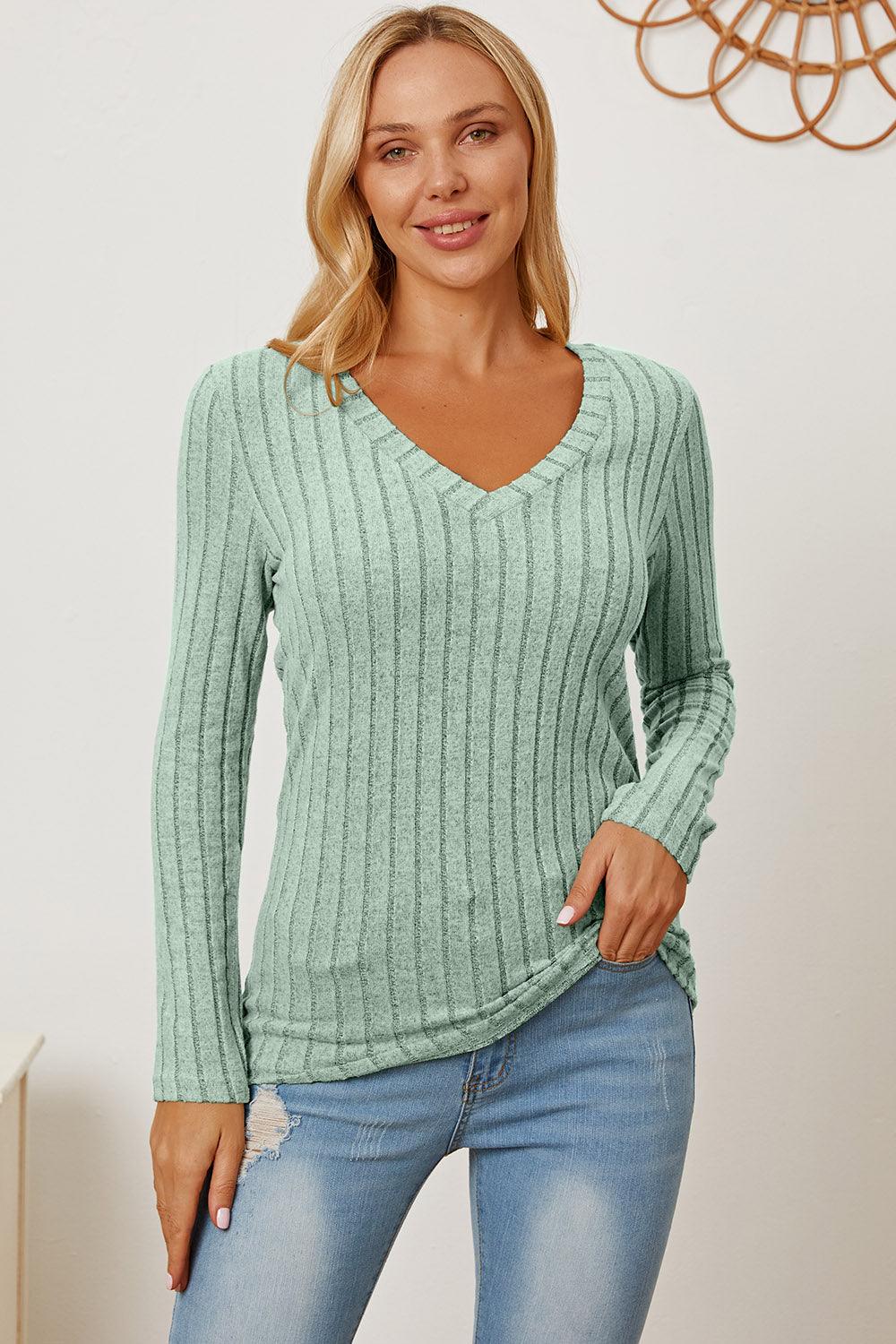 Basic Bae Full Size Ribbed V-Neck Long Sleeve T-Shirt Carauana Store