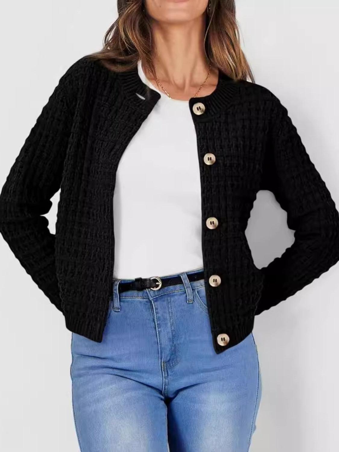 Button Up Round Neck Long Sleeve Cardigan Carauana Store